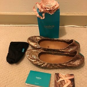 Gold Tieks with box, bag and flower!
